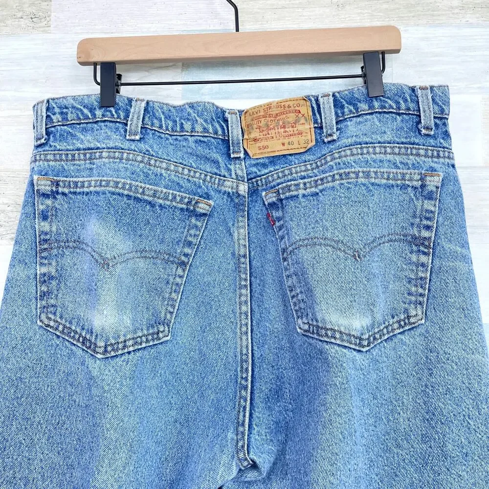 Levis Vintage 550 Rigid Jeans Blue Light Wash Distressed Made in USA Mens 40X28